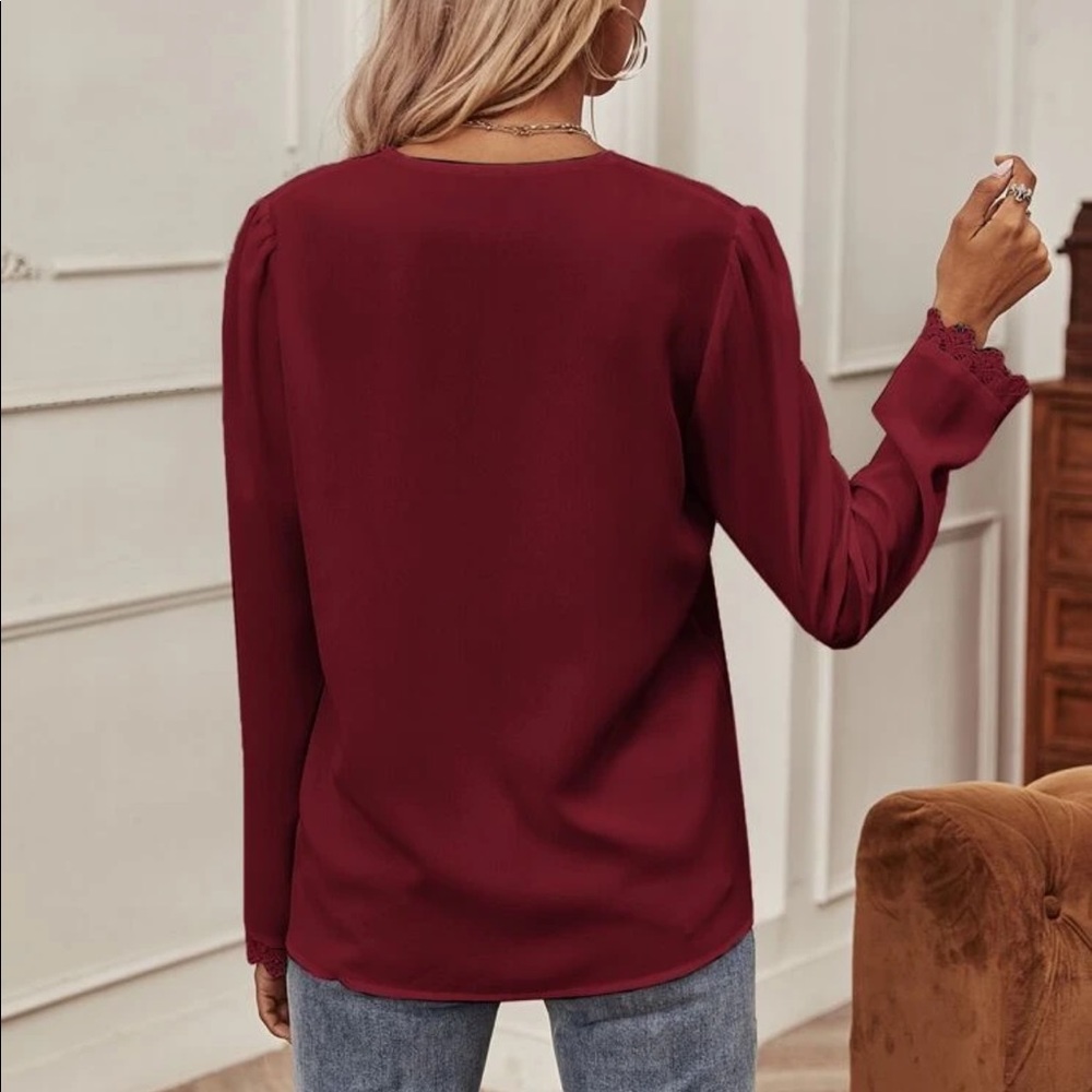 Burgundy Lace detail puff sleeve blouse